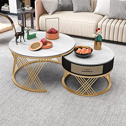 CATANK Table d'appoint de Meuble de Style Minimaliste Moderne, Table Basse Ronde en Ardoise, 2 Tables gigognes Rondes, avec Ouvertures de Rangement, adaptée au Salon, au Balcon