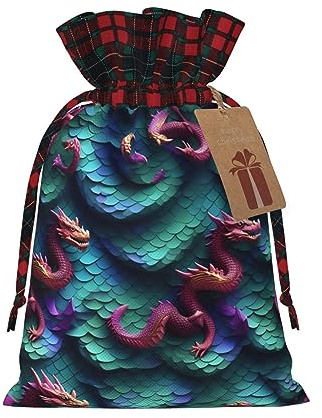 3D-Geschenktüten mit magischem Drachen-Schuppen-Muster, Patchwork, Jute, Kordelzug, Geschenktüten, hochwertige Stoff-Geschenktüten, ideal für jeden Anlass