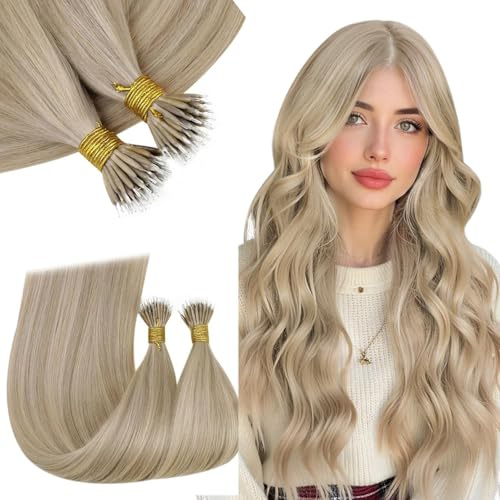 RUNATURE Nano Ring Hair Extensions Real Human Hair 24IN Blonde Highlight | Nano Hair Extensions Real Human Hair, Nano Beads Hair Extensions 50g50s, Add Length for Party, Daily Fashion, Can Be Styled