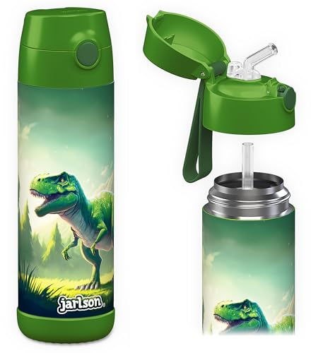 Jarlson® Trinkflasche Kinder Edelstahl Charli [MIT STROHHALM] - Thermosflasche Auslaufsicher - Thermoskanne - Water Bottle Kids - Thermo Trink Flasche für Schule & Kindergarten (500ml, Dinosaurier)
