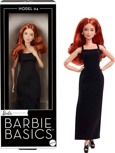 Barbie Basics Modelo 04 Muñeca de coleccionista con pelo rojo rizado, minivestido negro y botas, ropa intercambiable con otras muñecas, cuerpo pequeño articulado y cabeza intercambiable, JBH74