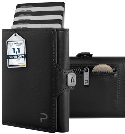 PURISTO KLIK Classic Slim Wallet mit Münzfach - Mini-Geldbörse für Herren aus veganem Leder - Kleines Kartenetui mit RFID-Schutz für 10-14 Karten - Schwarz Vegan