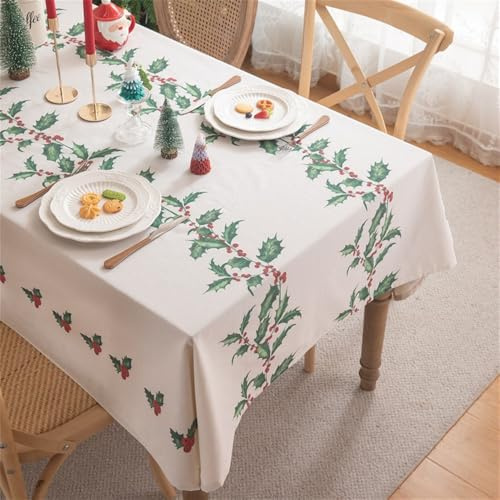 Clothfuna Mantel rectangular de Navidad, mantel de Navidad, rama de hojas de acebo, mantel blanco de algodón y lino, Feliz Navidad, para fiesta, vacaciones, mesa de comedor, 140 x 180 cm