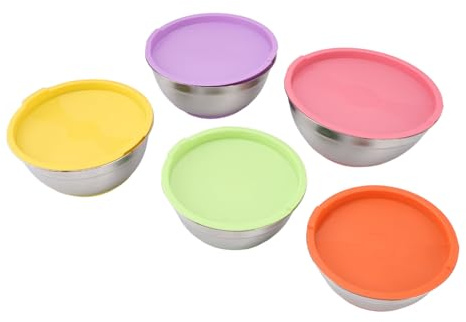 Ciotole per Miscelare con Coperchi, 5 Pezzi Ciotole in Acciaio Inossidabile Contenitori per Alimenti con Fondo Antiscivolo Ciotole per Nidificazione Colorate per Cottura Al Forno