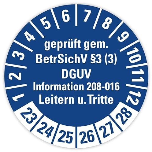 100 Stück – Prüfplakette Aufkleber „Leitern/Tritte, BetrSichV §3 DGUV | 23-28“ Etikett Folie blau | Ø 20-40 mm Made in Germany, Größe: Ø 40 mm