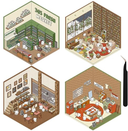 Lilbitty Juego de 4 pegatinas 3D para casa, escenas para niños y adultos, miniatura con pinzas negras, pegatinas para álbumes de recortes y diarios