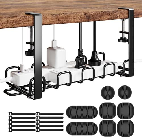 Cable Management Tray Under Desk - 4mm Sturdy Wire Organiser - No Drill Cord Organiser with Clamp for Cable Management - Standing Desk Accessories for Cable Organization Home Office