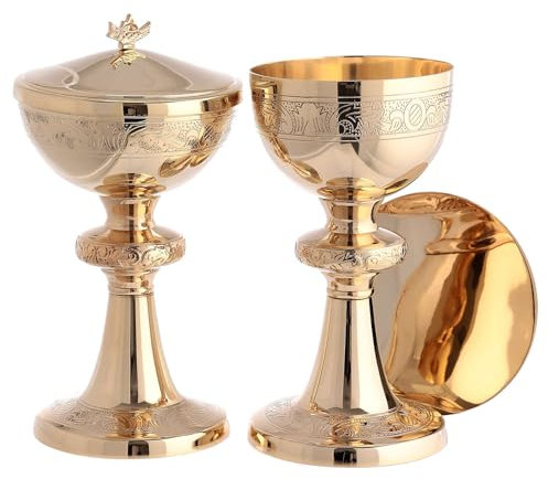 Holyart Cáliz copón Patena Estilo Moderno latón Dorado incisión pámpanos, Cáliz y Patena