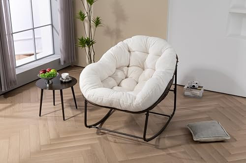 Gungstol, gungstol, trädgårdsstol för inomhus och utomhus, fåtölj, relaxfåtölj, vardagsrumfåtölj, svängfåtölj, accentstol för balkong, terrass och trädgård, vardagsrum, upp till 113 kg (vit-sherpa)