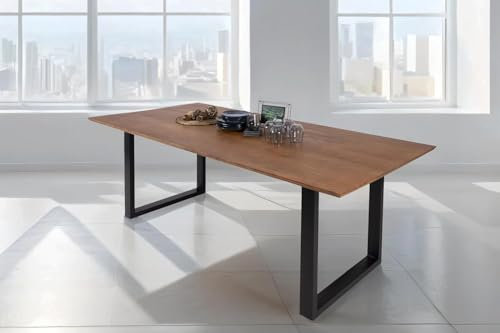 SAM Esstisch 300x100 cm Atlanta, Akazienholz massiv + nussbaumfarben, Esszimmertisch mit Schweizer Kante, U-Metallgestell Schwarz, massiver Holztisch, Tischplatte 26mm