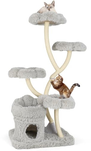 GYMAX 165cm Árbol para Gatos, Torre Independiente para Gatos con 4 Plataformas en Flor, Postes Rascadores de Sisal, Tubos Metálicos de Soporte, Perrera Privada, para Gatos (Gris)