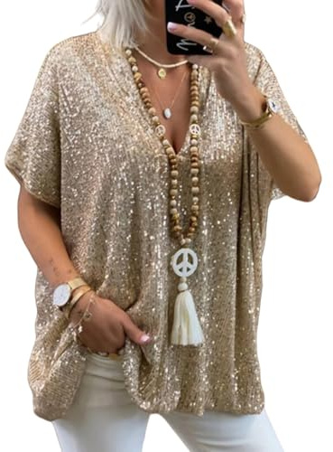 Asoodiy Camicetta da donna con paillettes scintillante, con scollo a V, a maniche corte, con glitter, per feste, club, camicette da donna, vestibilità ampia, dorato, 3XL