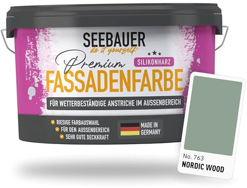 SEEBAUER diy Silikonharz-Fassadenfarbe Grün 2,5L für Außen (No. 763 Nordic Wood) Selbstreinigende Fassadenfarbe mit Lotuseffekt - Geeignet für Putz, Mauerwerk und Beton