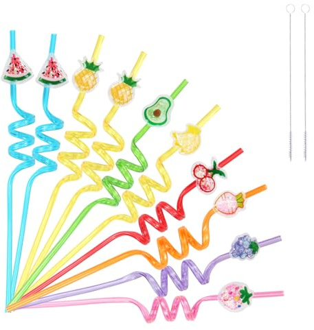 Paille Enfant, 10 Pièce Pailles Thème Fruits +2 Goupillon Paille, Straws Plastique Colorées, Pailles Spirales Réutilisables pour Fêtes Anniversaire Enfants, Réunions de Famille