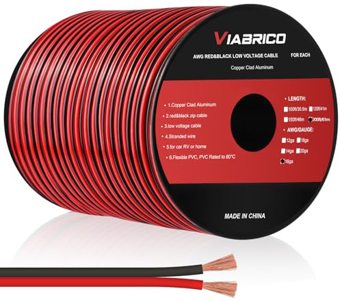 VIABRICO Cable de alambre eléctrico, calibre 16, 60 m, 2 conductores, Rojo/Negro, conector de cable, tira de luz LED, cable de extensión flexible, 16 AWG, alambre de cobre revestido de aluminio