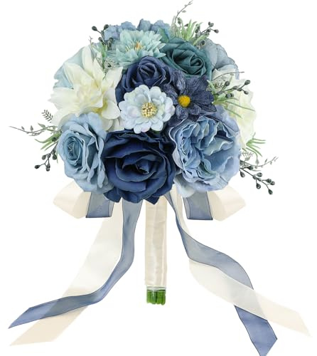 SEMONONIA Wedding Bouquets for Bride Bridesmaid 8.5 Inch Dusty Blue Artificial Roses Flowers Bridal Bouquets for Bride Wedding Marriage Proposal Party Church Decoration