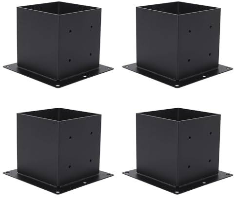 Post Base Kit, 4 pcs Heavy Duty Powder-Coated Fence Post Anchor Compatible for 152x152mm, Pergola Bracket Kit 4-Way, Fixings Included, Steel Square Support Base for Deck Railing Mailbox Gazebos
