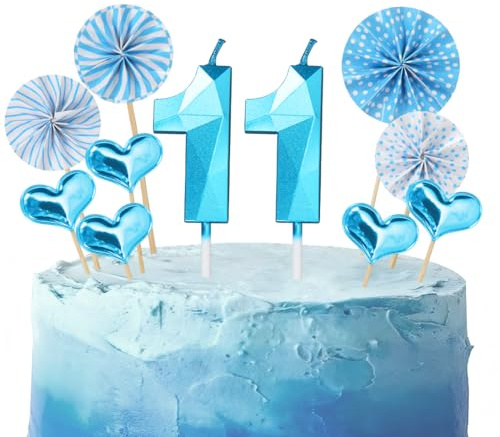 Birthday Candles Numbers 11 Blue, 3D Candles Number 11 Deco Cakes, Birthday Candle Numerical for Children, Decorations for Boys Birthdays for Parties, Weddings