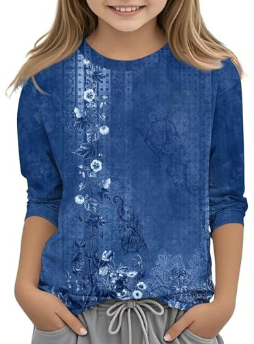 Mjjsk Camisetas para niñas con manga de 3/4, camisetas para niños con estampado floral liso, camisetas gráficas lindas y casuales, camisetas de manga larga suaves y sueltas de verano, camisetas de