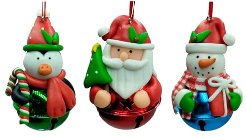 AC - Pack de 3 Colgantes de Cascabel con Figuras navideñas - Fabricados en Plástico y Metal - Artículo para decoración de Navidad - Ø 5,5 cm - Modelos Aleatorios