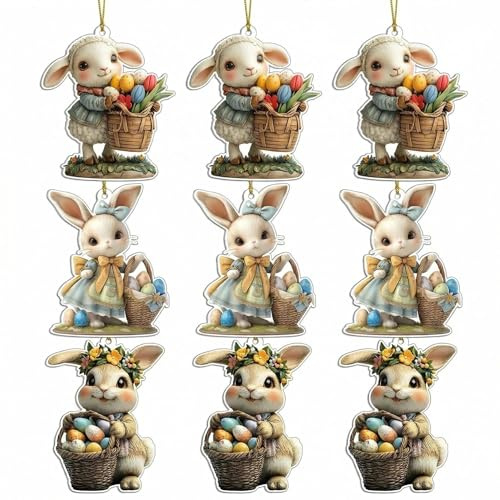 9 Pcs Easter Acrylic Hanging Ornaments 2D Flat Easter Bunny Decorations for Tree Hanging Home Indoor Hanging Bunny Ornaments (A2)