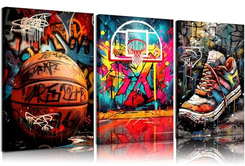 Basketball-Graffiti-Leinwand, Retro, abstrakt, Graffiti, Teenager, Wanddekoration, Bilder, Basketballplatz, Sneaker, Poster, Drucke für Teenager, Jungen, Wohnzimmer, Schlafzimmer, Dekoration