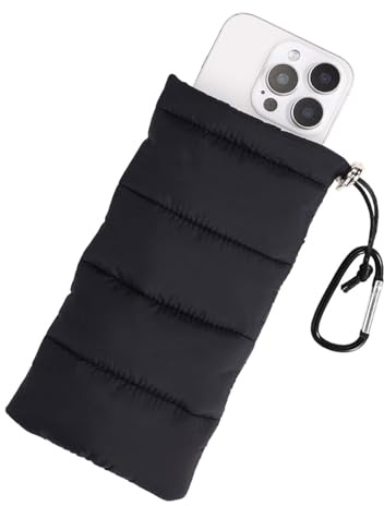 MOPZIJA Thermo Handyhülle Tasche Universal Daunen Pouch Handysocke Weihnachten Geschenke für Smartphones Handy Winter Handyhülle kompatibel iPhone 14 13 12Plus X,Samsung Galaxy,Mit Karabiner(Schwarz)