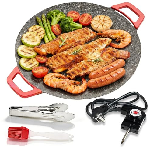 Indoor Smokeless Electric Griddle, 800W Portable Electric Korean BBQ Grill, Large Round Korean Grill Pan with 12/14/16 Nonstick Surface, Smokeless Oil Drain for Family Meals, Adjustable Temp (16in)