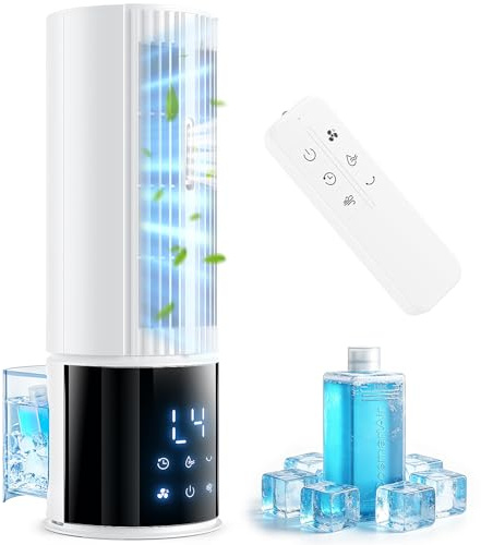 Portable Air Conditioner Air Cooler 6-in-1 Portable Tower Fan,3 Speeds, Storm Mode Mist,Remote Control,Automatic Oscillation,8H Timer LED Display with Ice Pack for Home & Office Use（Pure White）