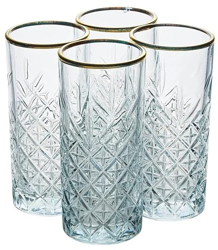 URBNLIVING Crystal Cut Highball Glasses Set for Long Drinks and Cocktails – Elegant Premium Drinkware for Home Bar and Entertaining (Set of 4)