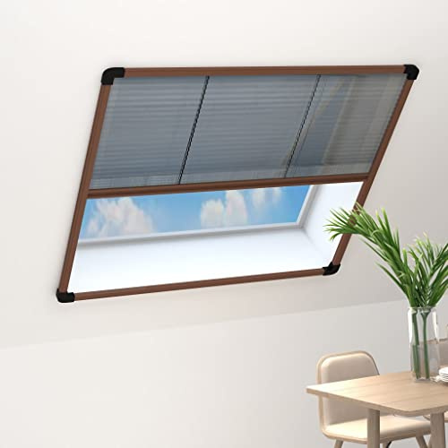 Basinlix - Pleated Blind for Windows Aluminium Brown 120 x 120 cm, Fibreglass Mesh, Fly Screen Mosquito Net for Roof Windows, Protection Against Mosquitoes, Bees, Wasps, Suitable for Living Room