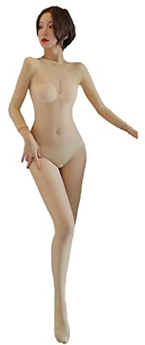 HTRUIYATY Damen Bodystocking Glänzende Strumpfhose Rundhals Langarm Transparent Body offene Strümpfe