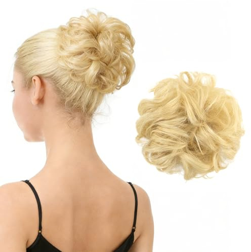 BARSDAR 100% Echthaar Haarteil Haargummi，Gelockt Unordentlich dutt extensions echthaar Haarteil Haargummi Hochsteckfrisuren unordentlicher Haarverlängerung für Damen Mädchen 613# Hellbleichblond.