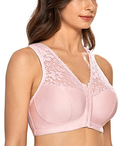 Delimira Women's Front Fastening Bras Lace Wireless Plus Size Full Coverage Racerback Support Bra Gentle Rose 38D