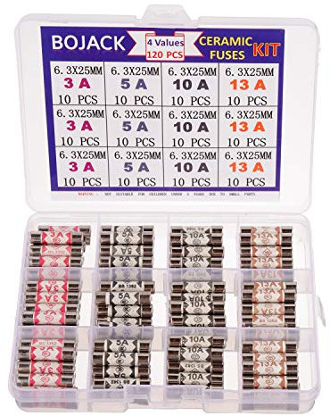 BOJACK 4 Values 120 pcs 3 5 10 13 A amp 240 V Volt Household Mains Plug Fuse 6.3x25 mm 0.25x1Inch BS1362 Ceramic Tube Cartridge Fuses Assortment Kit packag in a Clear Plastic Box