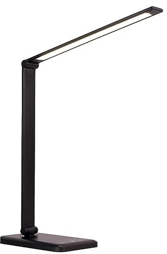 Lampe de Bureau LED Réglable, Lampe de Table 5 Modes de Couleur et 5 Niveaux de Luminosité Ajustable, Lampe de Chevet Port USB Charge et Fonction Minuterie, Flexible Contrôle Tactile Protection, Noir
