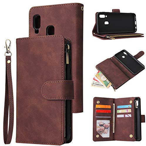 UEEBAI Estuche Billetera para Samsung Galaxy A20E, Cierre de PU Vintage Bolsillo Cremallera Ranura Tarjeta Soporte con Correa Muñeca Estuche Tapa a Prueba de Golpes - Café