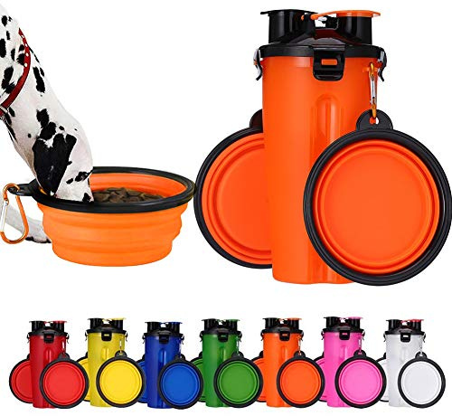 PJDDP Bouteille d'eau pour Chien avec 2 Bols Pliables Portable 2 en 1 Bouteille d'eau Et Nourriture,Distributeur d'eau Gamelle pour Chiens Chat Animaux Voyage Leakproof Chiens Chats Feeder,Orange