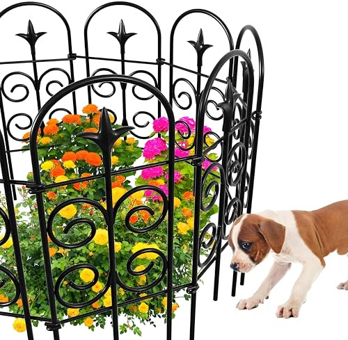 AMAGABELI 8 Panels 24in(H)×10ft(L) Decorative Garden Fence No Dig Rustproof Metal Pre-Linking Fence Panels Garden Edging Border Animal Barrier Fencing for Flower Beds Yard Patio Outdoor Decor Black