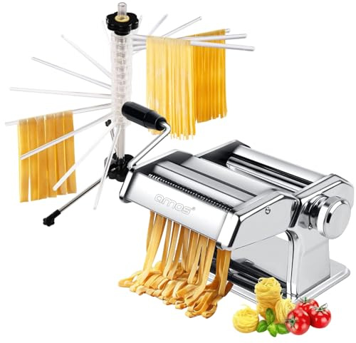 AMOS ® 3 in 1 Heavy Duty Stainless Steel Professional Fresh Pasta Lasagne Spaghetti Tagliatelle Maker Machine Cutter & AMOS Spiral Pasta Drying Rack - Pasta Maker Kit