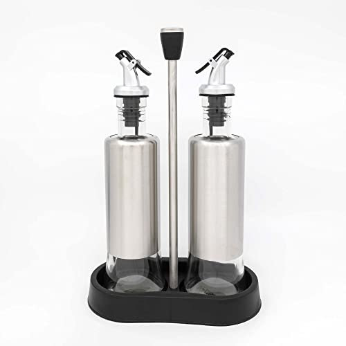 Aceitera y Vinagrera Antigoteo 300ml Cristal y Acero inoxidable/Juego 2Pcs Aceitera Cristal Antigoteo/Aceitera Antigoteo con Soporte Aceite y Vinagre