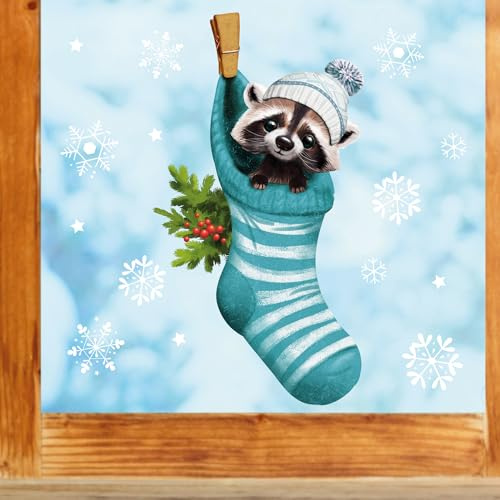 Wandtattoo Loft Fensterbilder Weihnachten mit Waschbär in Socke Motiv – Wiederverwendbar – A3 Bogen – Weihnachstdeko Fenster Kinderzimmer, Weihnachtsbilder Fenster, Fensterbild Winter