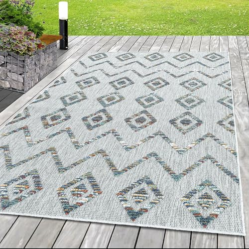 HomebyHome In & Outdoor Wetterfest 140x200 cm Multi, Zickzack Design 3D Effekt - Balkon Teppich Wasserfest, Kurzflor, Flachgewebt - Ideal für Küche, Garten, Camping und Terrasse