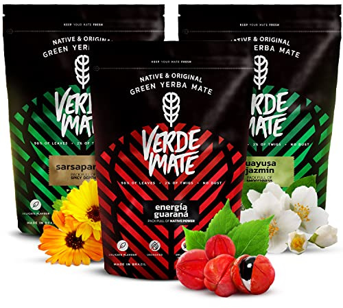 Verde Mate Green Ensemble de Yerba Mate Brésilienne aux Fruits 3 x 500g | Ensemble de 3 yerba mate brésiliennes aux fruits et plantes pour préparation chaude ou teréré glacé