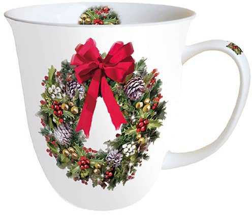 Ambiente Porzellan Tasse ca. 400ml Becher Bone China Mug Für Tee Oder Kaffee Herbst Winter Weihnachten Bow On Wreath