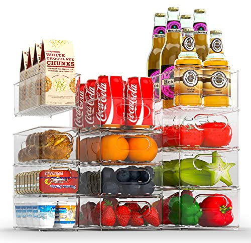 FINEW Kühlschrank Organizer 12er Set (4 Klein, 4 Mittel, 4 Groß), Stapelbar Kühlschrank Behälter, Durchsichtig Aufbewahrungsbox für Küche, Speisekammer, Schränke, Spülbecken, Badezimmer - BPA frei