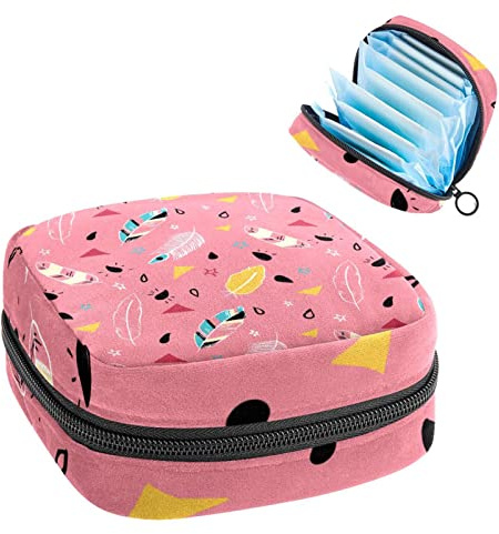 Pinke Boho-Feder-Hippie-Perioden-Tasche, tragbar, Tampon-Aufbewahrungstasche für Damenbinden, Mehrfarbig, 4.7x6.6x6.6 in/12x17x17 cm