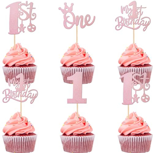 24 Stück One Tortendeko Glitzer Krone 1st Geburtstag Cupcke Toppers One Jahr alt Kuchen Deko für Baby Dusche Kinder Jungen Mädchen Erster Geburtstag Party Kuchen Dekorationen Rosa