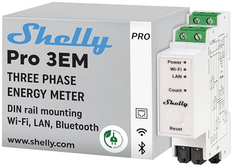 Shelly Pro 3EM (400A) | WLAN & LAN DIN-Schiene 3-Phasen Energiezähler | Echtzeit-Überwachung | kein Relais-Schalter | Kein Hub Erforderlich | Solarpanels | PV-Systeme | Wirkenergie der Klasse B