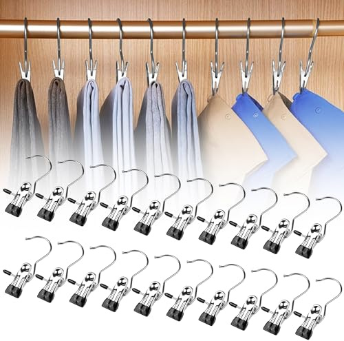 Fosoloni 20 Stück Edelstahl Wäsche Haken Satz, Wäschehaken mit Clips, Klammerhaken Stiefelaufhängung, rutschfest Kleiderbügel Clip 360° Drehbarer Stiefelhalter für Reisen,Socken,Hosen,Hüte